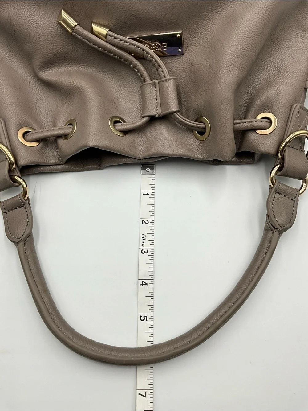 BCBG Paris Bucket Bag Taupe Fringe Drawstring Hobo Bag